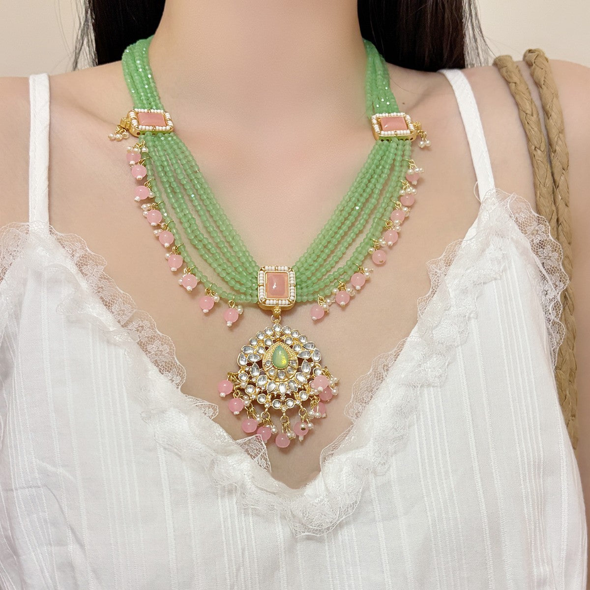Bohemian Ethnic Tassel Necklace For Women Featuring Alloy Pendant With Crystal Inlay