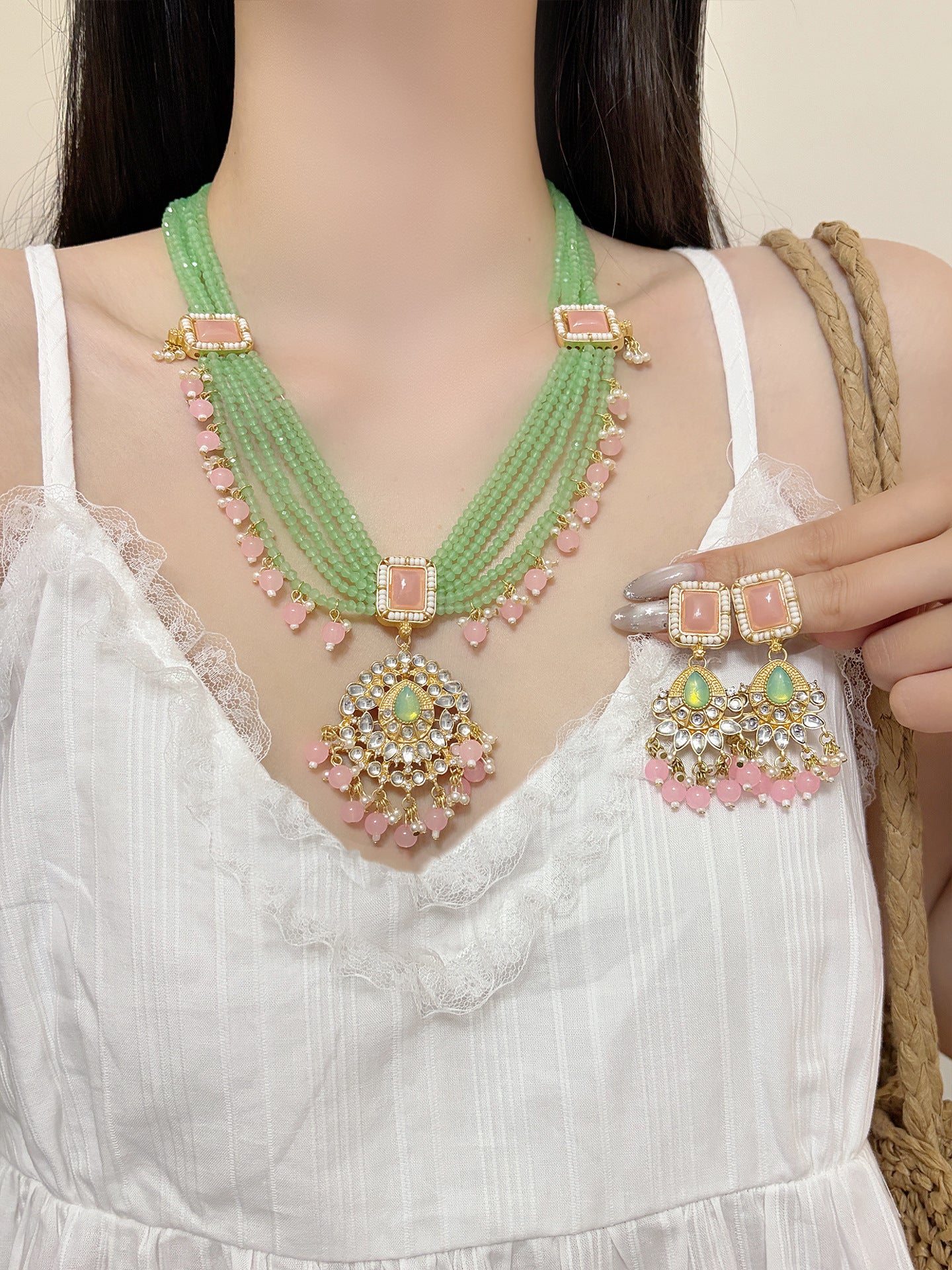 Bohemian Ethnic Tassel Necklace For Women Featuring Alloy Pendant With Crystal Inlay