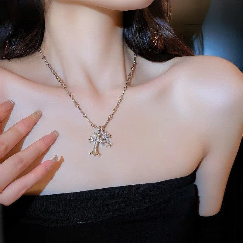 Hip-Hop Cross Pendant Necklace For Women In Copper With Electroplated Finish Featuring Zircon Inlay