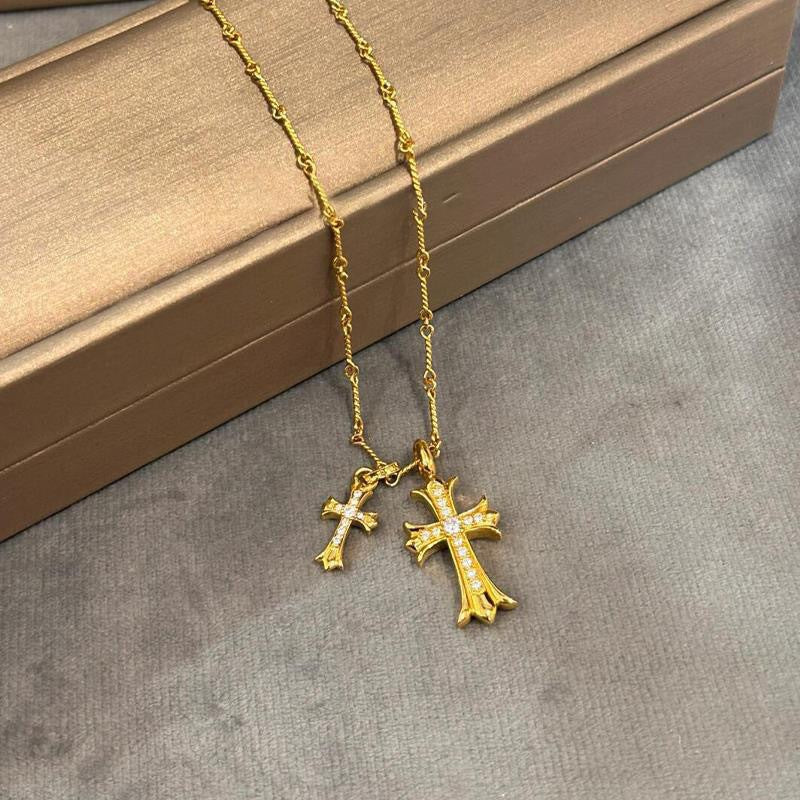 Hip-Hop Cross Pendant Necklace For Women In Copper With Electroplated Finish Featuring Zircon Inlay