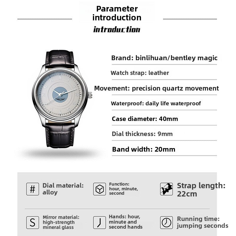 Men's Quartz Watch With Round Dial And Quartz Glass Mirror, Featuring Imitation Leather Strap And Pin Buckle