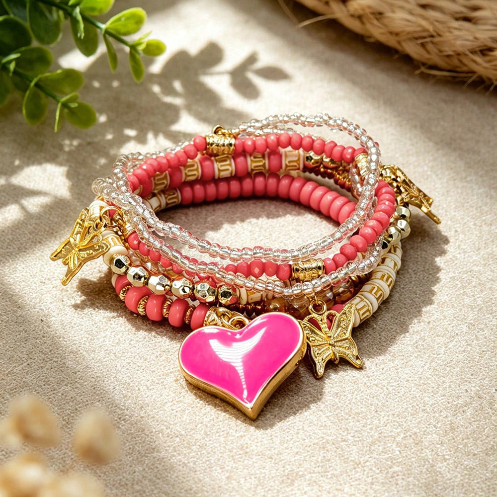 Bohemian Heart Shape Beaded Bracelet For Women With Watermelon Red Alloy And Elastic String