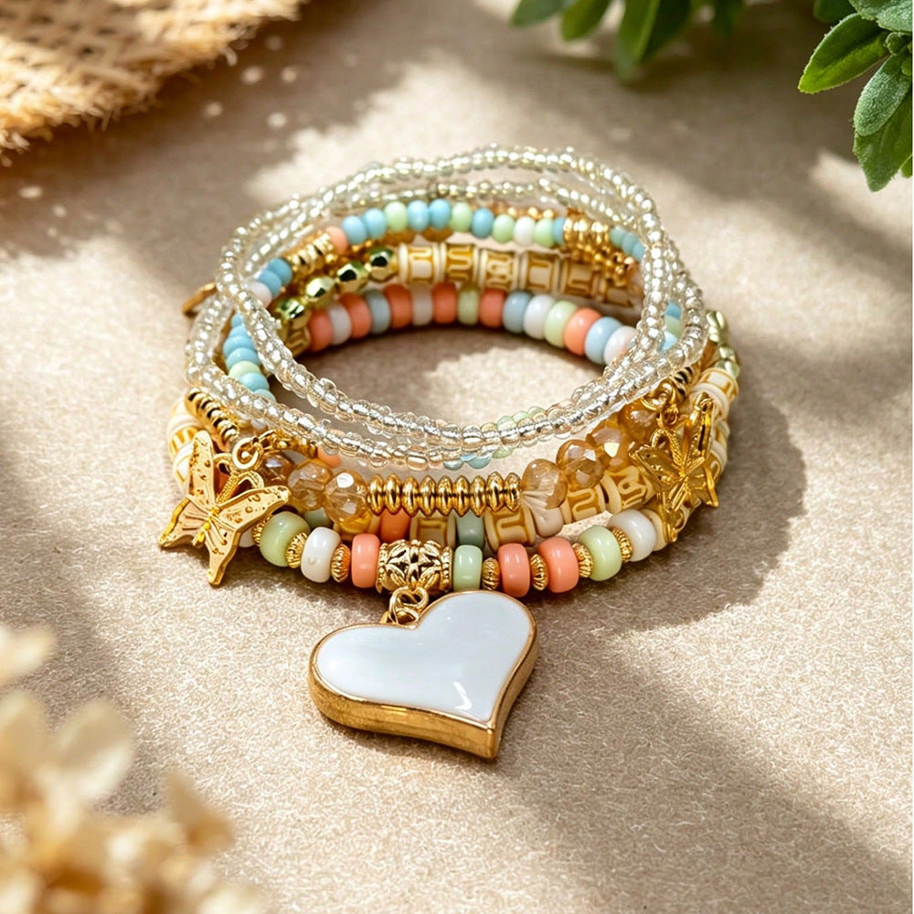 Bohemian Heart Shape Beaded Bracelet For Women With Watermelon Red Alloy And Elastic String