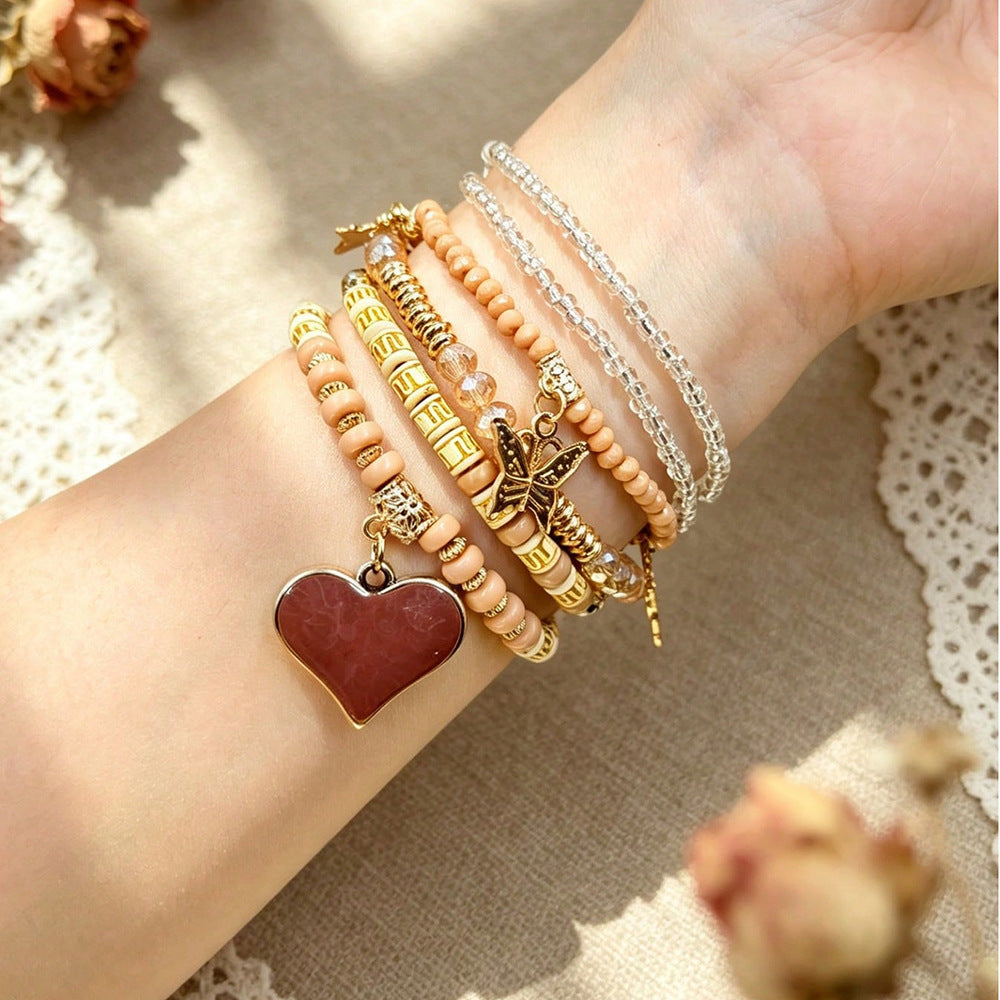 Bohemian Heart Shape Beaded Bracelet For Women With Watermelon Red Alloy And Elastic String
