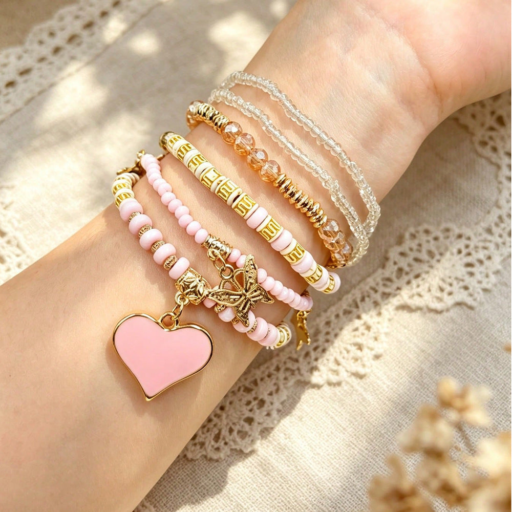 Bohemian Heart Shape Beaded Bracelet For Women With Watermelon Red Alloy And Elastic String