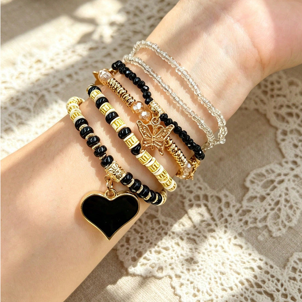 Bohemian Heart Shape Beaded Bracelet For Women With Watermelon Red Alloy And Elastic String
