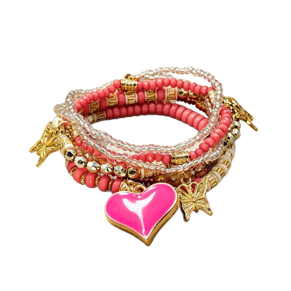 Bohemian Heart Shape Beaded Bracelet For Women With Watermelon Red Alloy And Elastic String