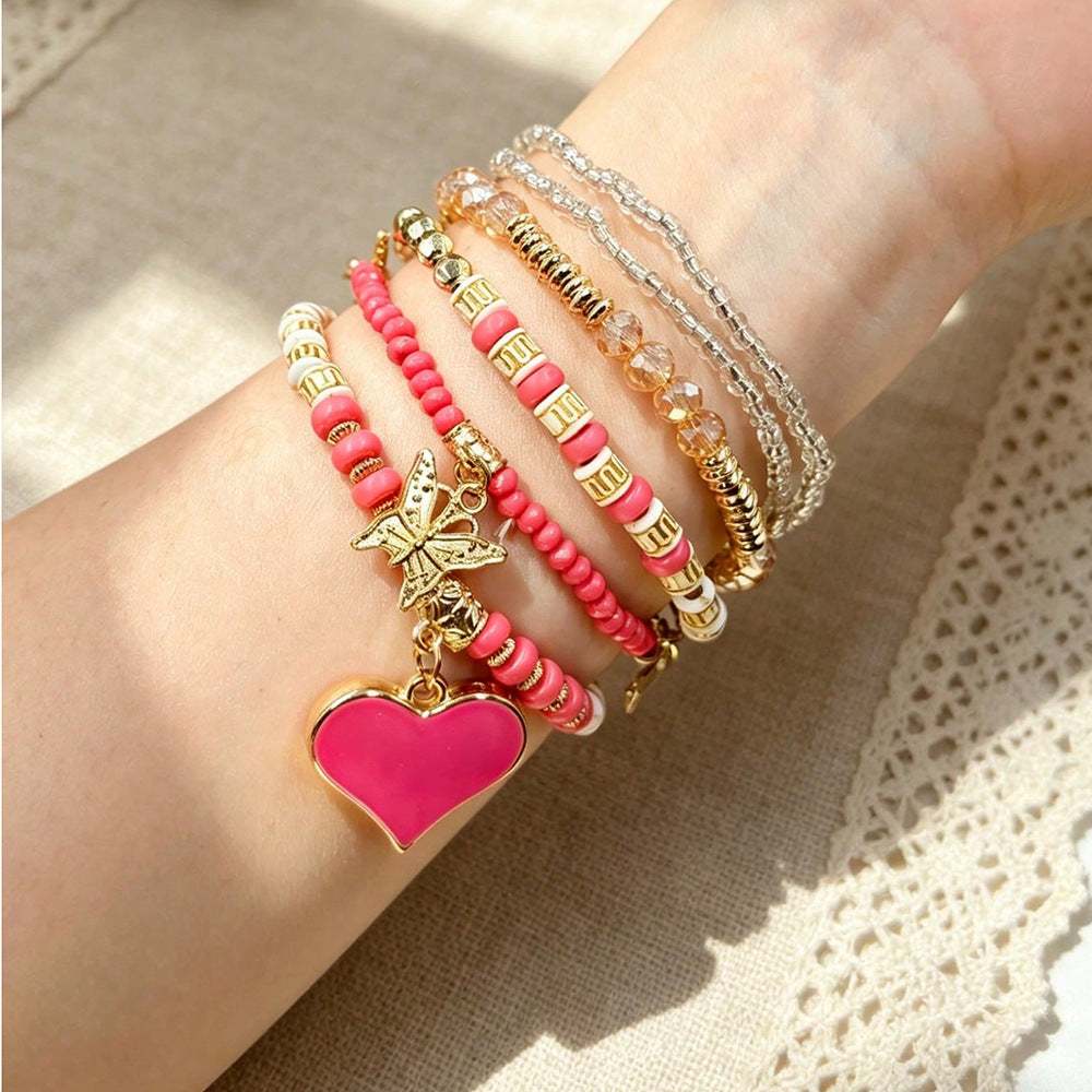 Bohemian Heart Shape Beaded Bracelet For Women With Watermelon Red Alloy And Elastic String
