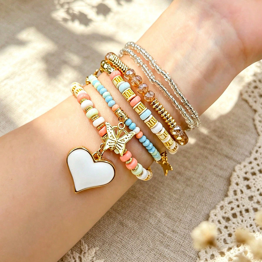 Bohemian Heart Shape Beaded Bracelet For Women With Watermelon Red Alloy And Elastic String