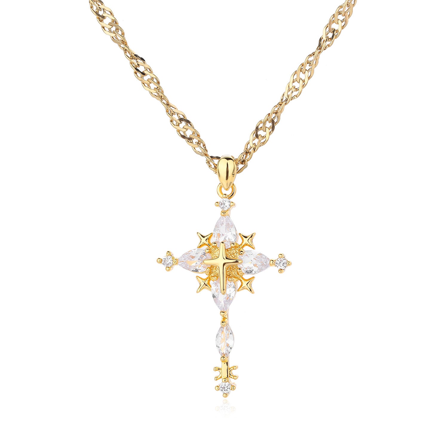 Men's Hip-Hop Gold Cross Necklace Featuring Copper Pendant Material With Rhinestone Inlay