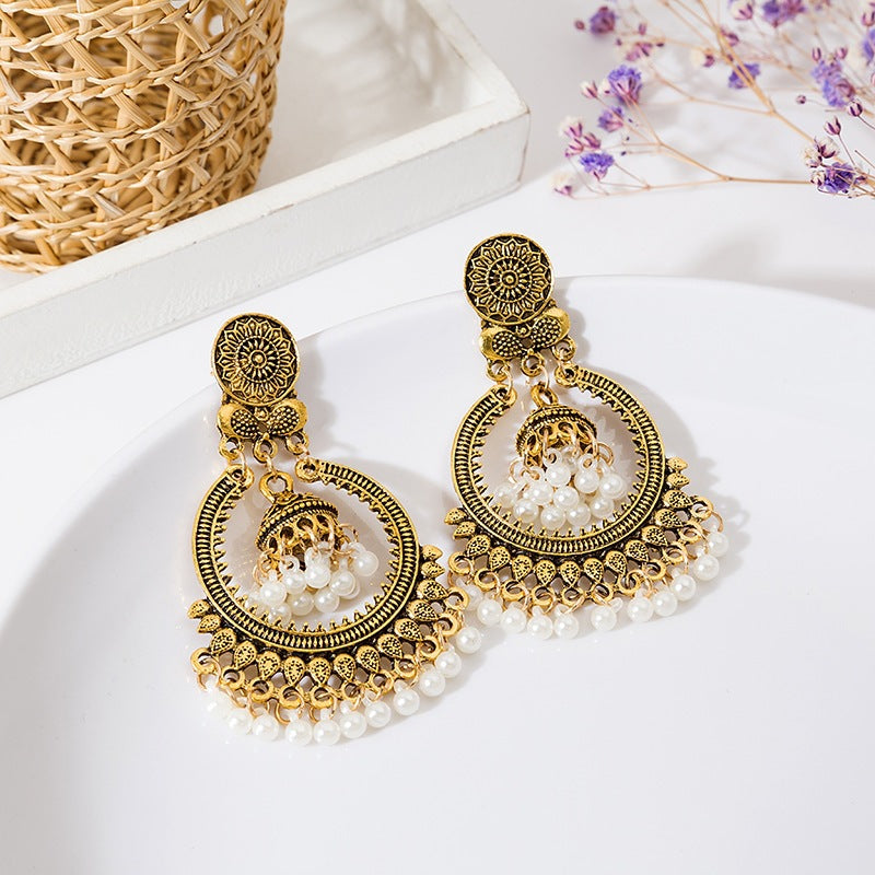 Bohemian Gold Tassel Bell Earrings For Women In Alloy