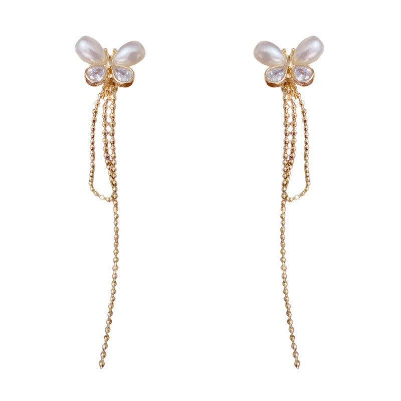 Butterfly Tassel Drop Earrings For Women In New Style, Copper Ear Studs With Real Gold Plated Finish