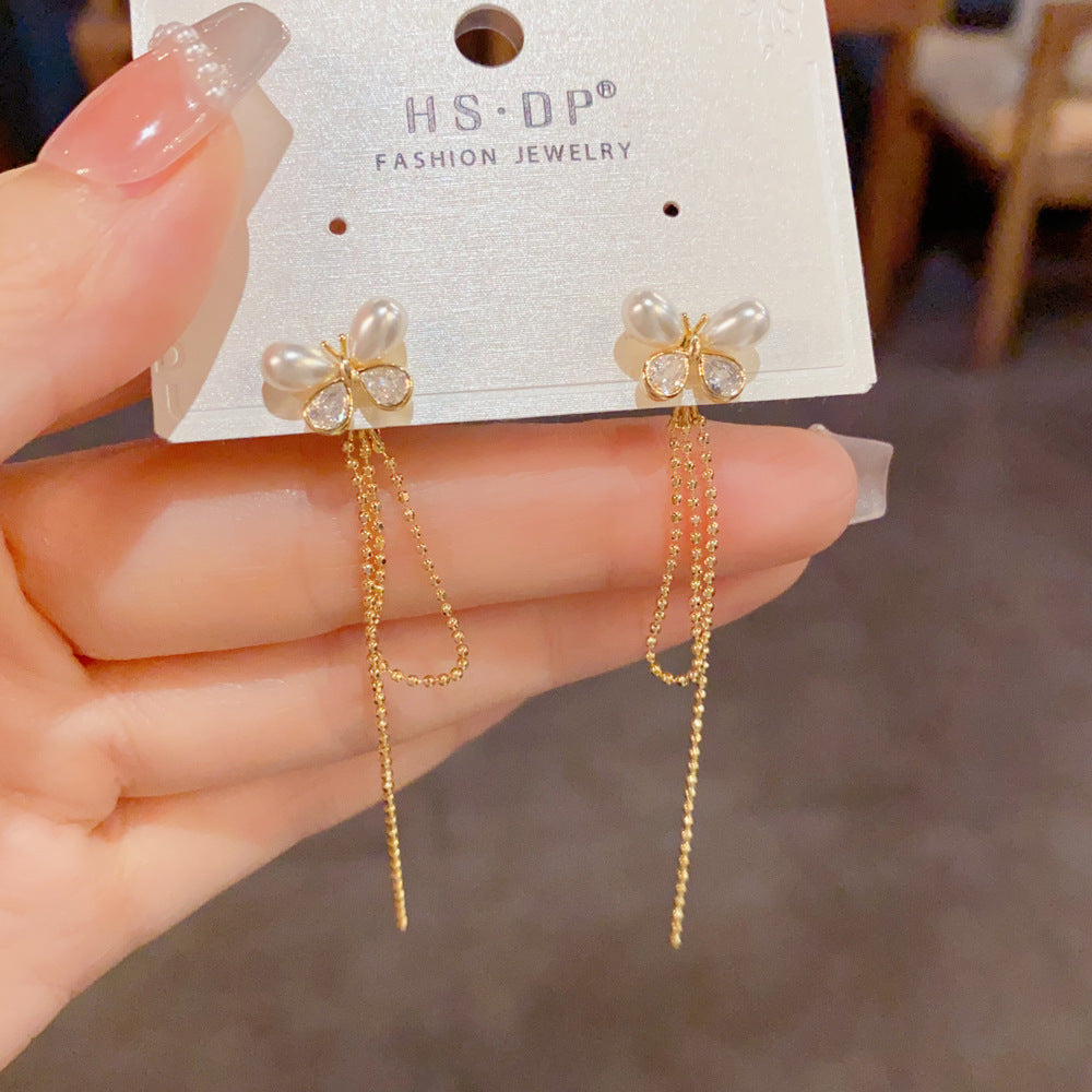 Butterfly Tassel Drop Earrings For Women In New Style, Copper Ear Studs With Real Gold Plated Finish