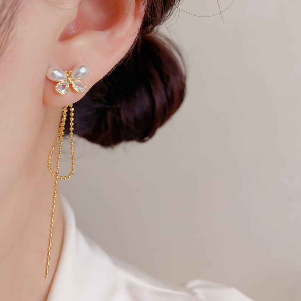 Butterfly Tassel Drop Earrings For Women In New Style, Copper Ear Studs With Real Gold Plated Finish