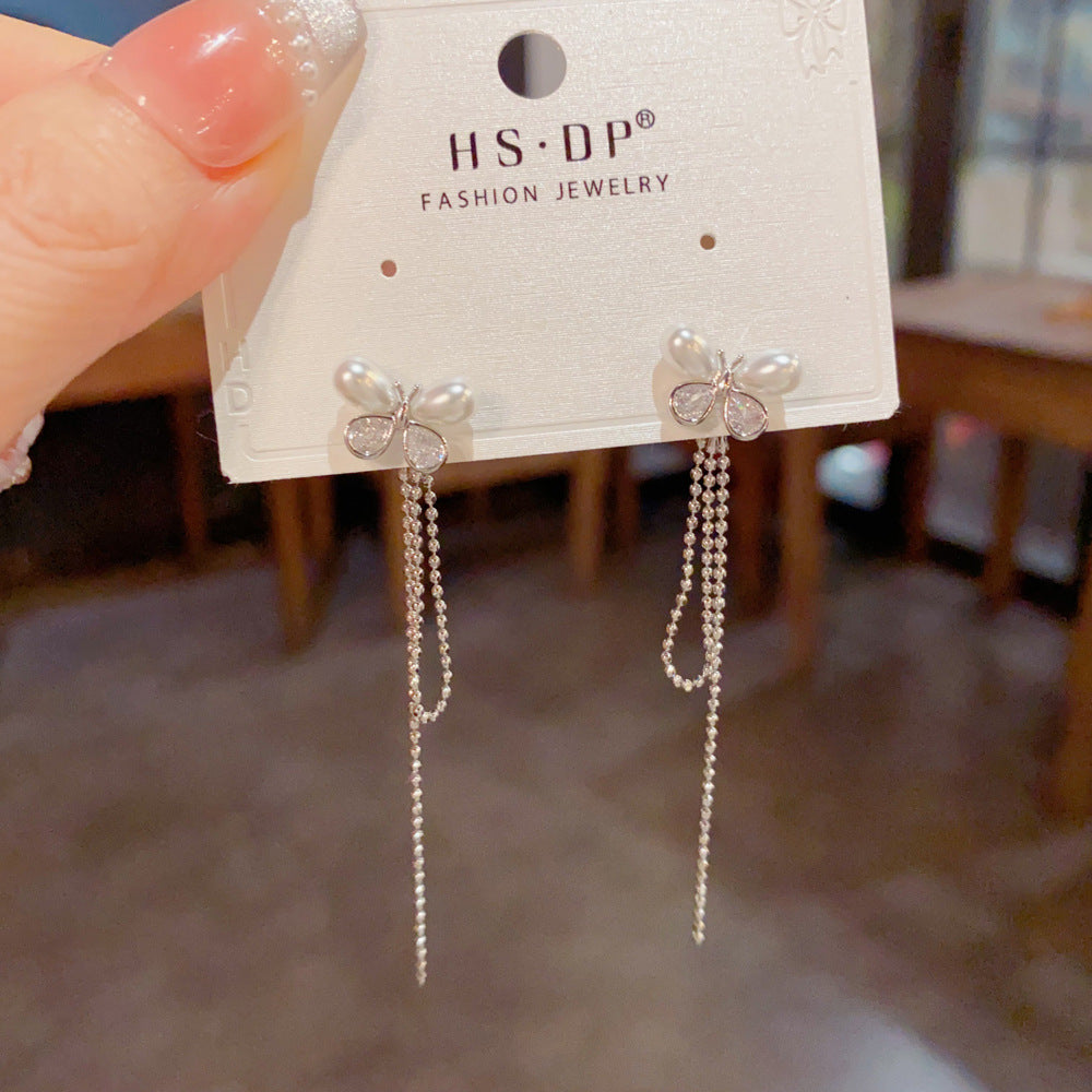 Butterfly Tassel Drop Earrings For Women In New Style, Copper Ear Studs With Real Gold Plated Finish