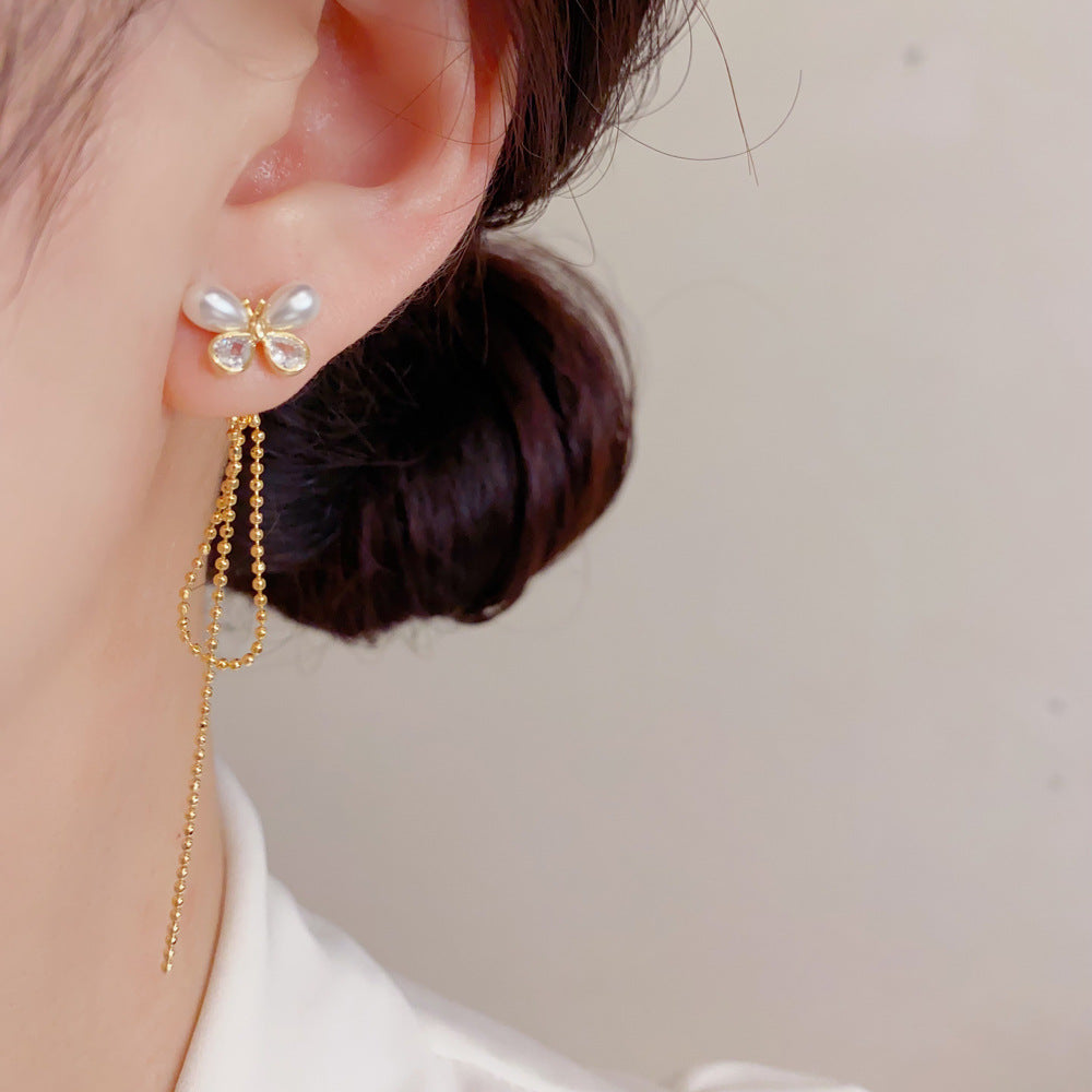 Butterfly Tassel Drop Earrings For Women In New Style, Copper Ear Studs With Real Gold Plated Finish