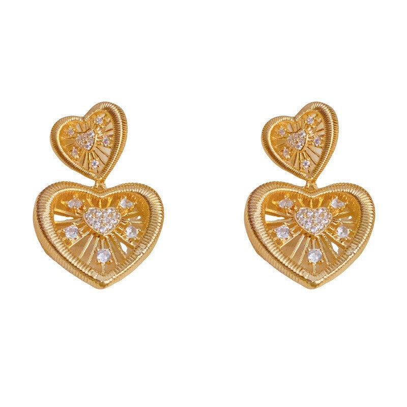 Heart Shape Drop Earrings For Women In Simple Style, Copper Ear Pins With Real Gold Plated And Zircon Inlay