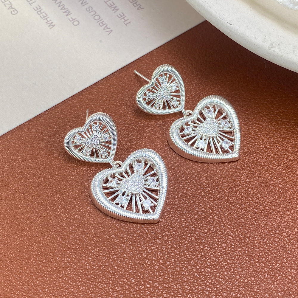 Heart Shape Drop Earrings For Women In Simple Style, Copper Ear Pins With Real Gold Plated And Zircon Inlay