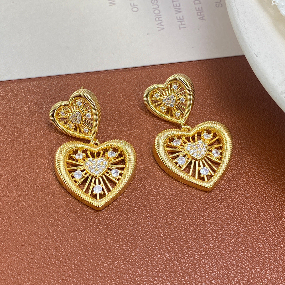 Heart Shape Drop Earrings For Women In Simple Style, Copper Ear Pins With Real Gold Plated And Zircon Inlay