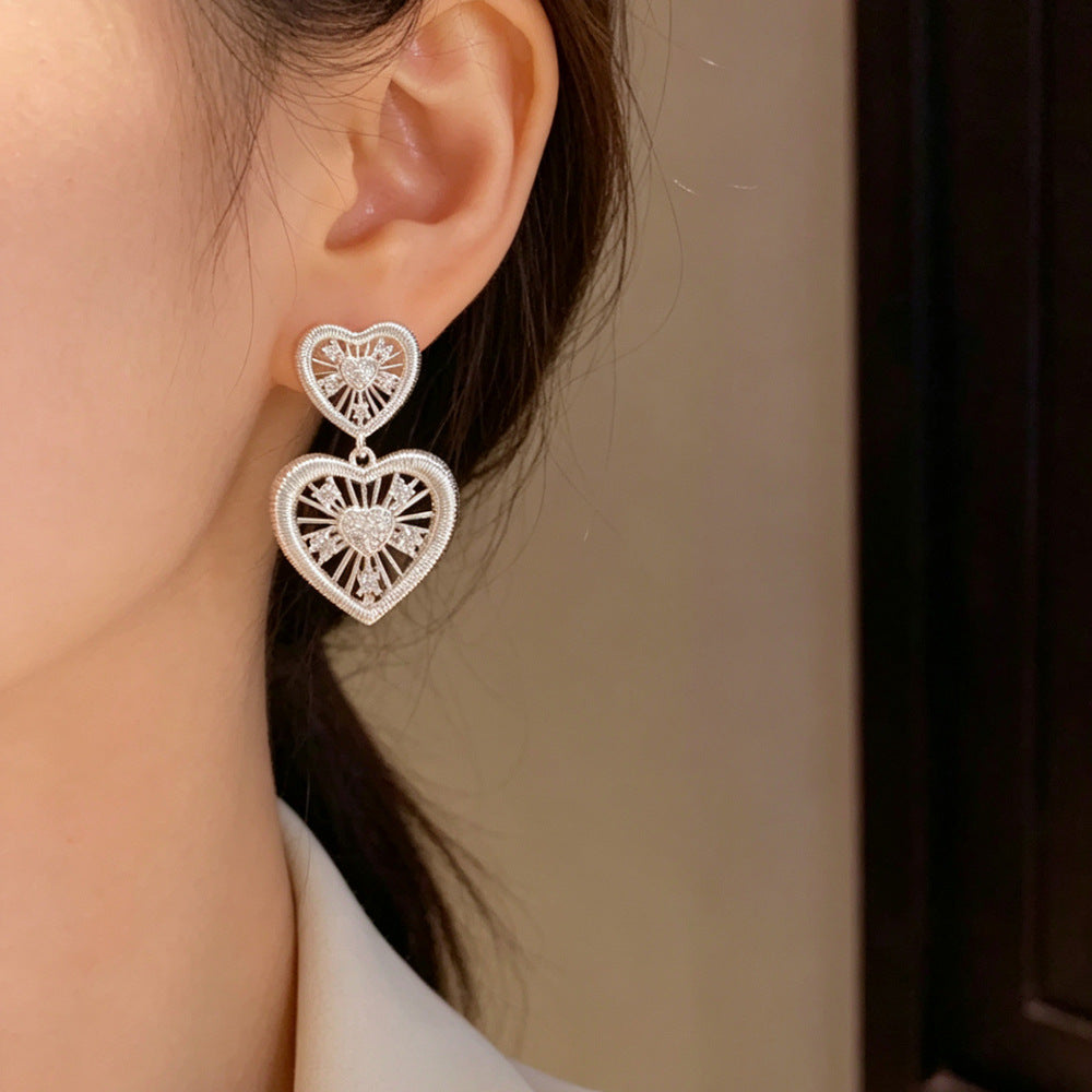 Heart Shape Drop Earrings For Women In Simple Style, Copper Ear Pins With Real Gold Plated And Zircon Inlay