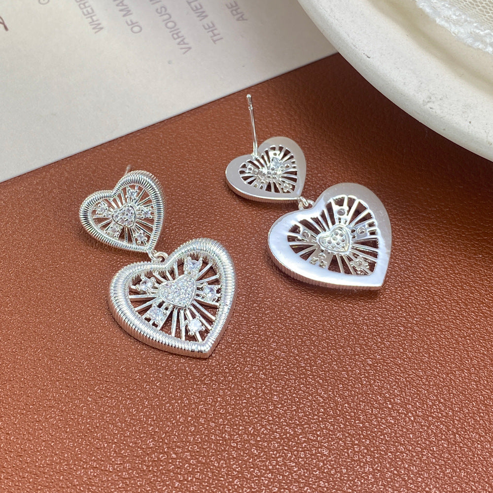 Heart Shape Drop Earrings For Women In Simple Style, Copper Ear Pins With Real Gold Plated And Zircon Inlay