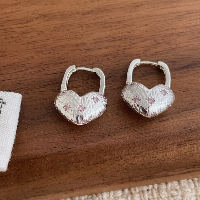 Heart Shape Earrings For Women Featuring Brushed Silver Copper Ear Pins With Zircon Inlay
