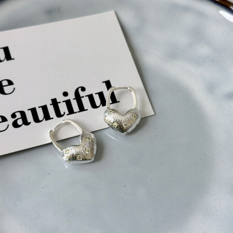 Heart Shape Earrings For Women Featuring Brushed Silver Copper Ear Pins With Zircon Inlay