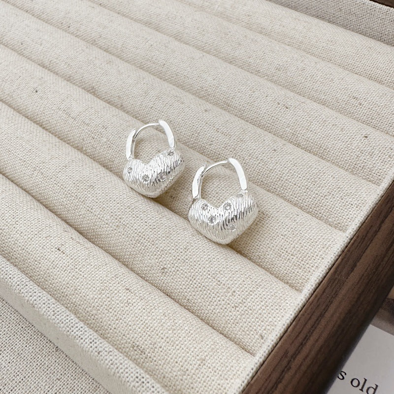 Heart Shape Earrings For Women Featuring Brushed Silver Copper Ear Pins With Zircon Inlay