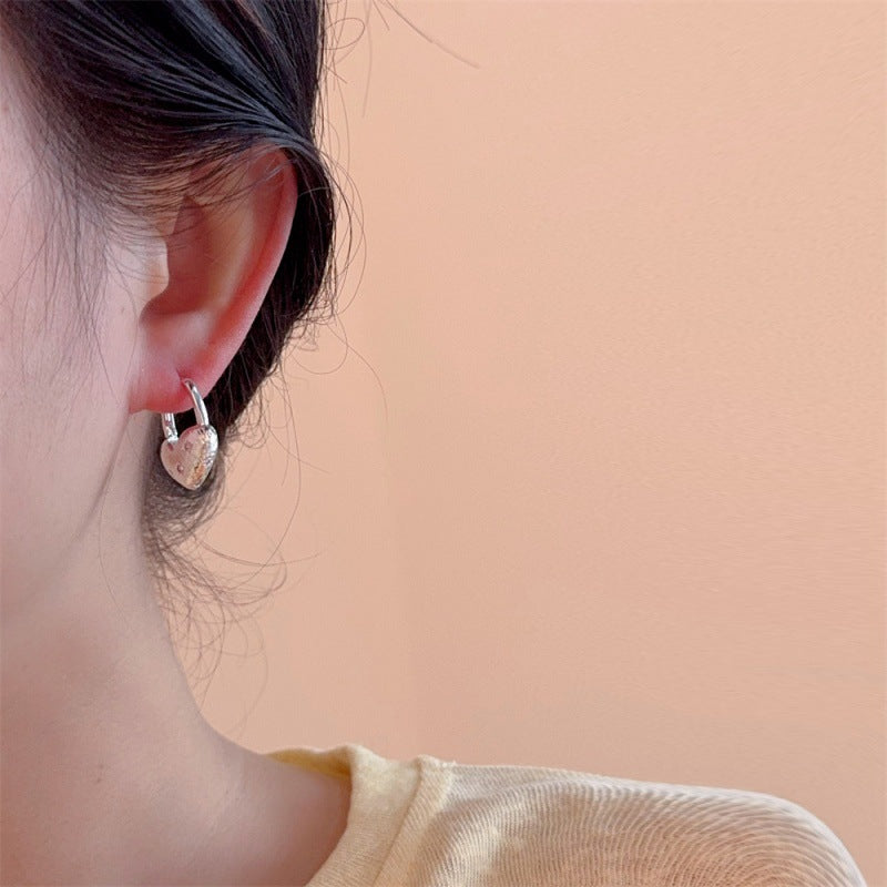 Heart Shape Earrings For Women Featuring Brushed Silver Copper Ear Pins With Zircon Inlay