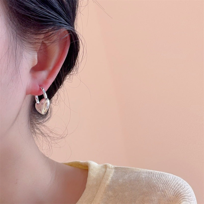 Heart Shape Earrings For Women Featuring Brushed Silver Copper Ear Pins With Zircon Inlay