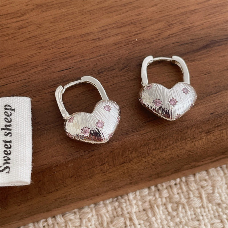 Heart Shape Earrings For Women Featuring Brushed Silver Copper Ear Pins With Zircon Inlay