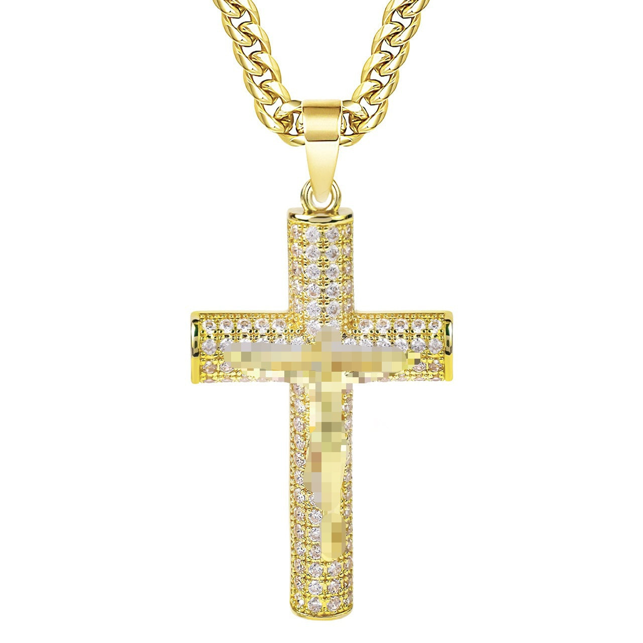 Hip-Hop Copper Cross Pendant With Zircon Inlay On Cuban Link Chain Curb Chain