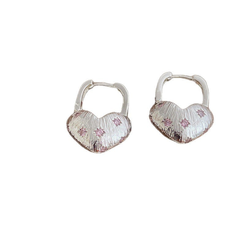 Heart Shape Earrings For Women Featuring Brushed Silver Copper Ear Pins With Zircon Inlay