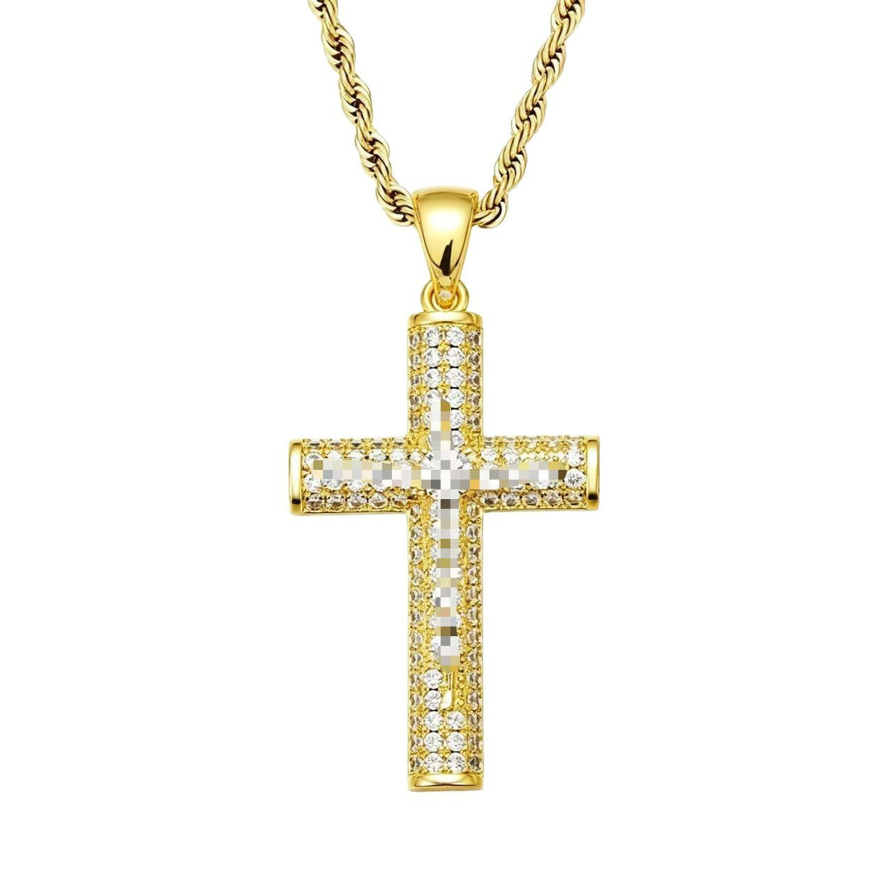 Hip-Hop Copper Cross Pendant With Zircon Inlay On Cuban Link Chain Curb Chain