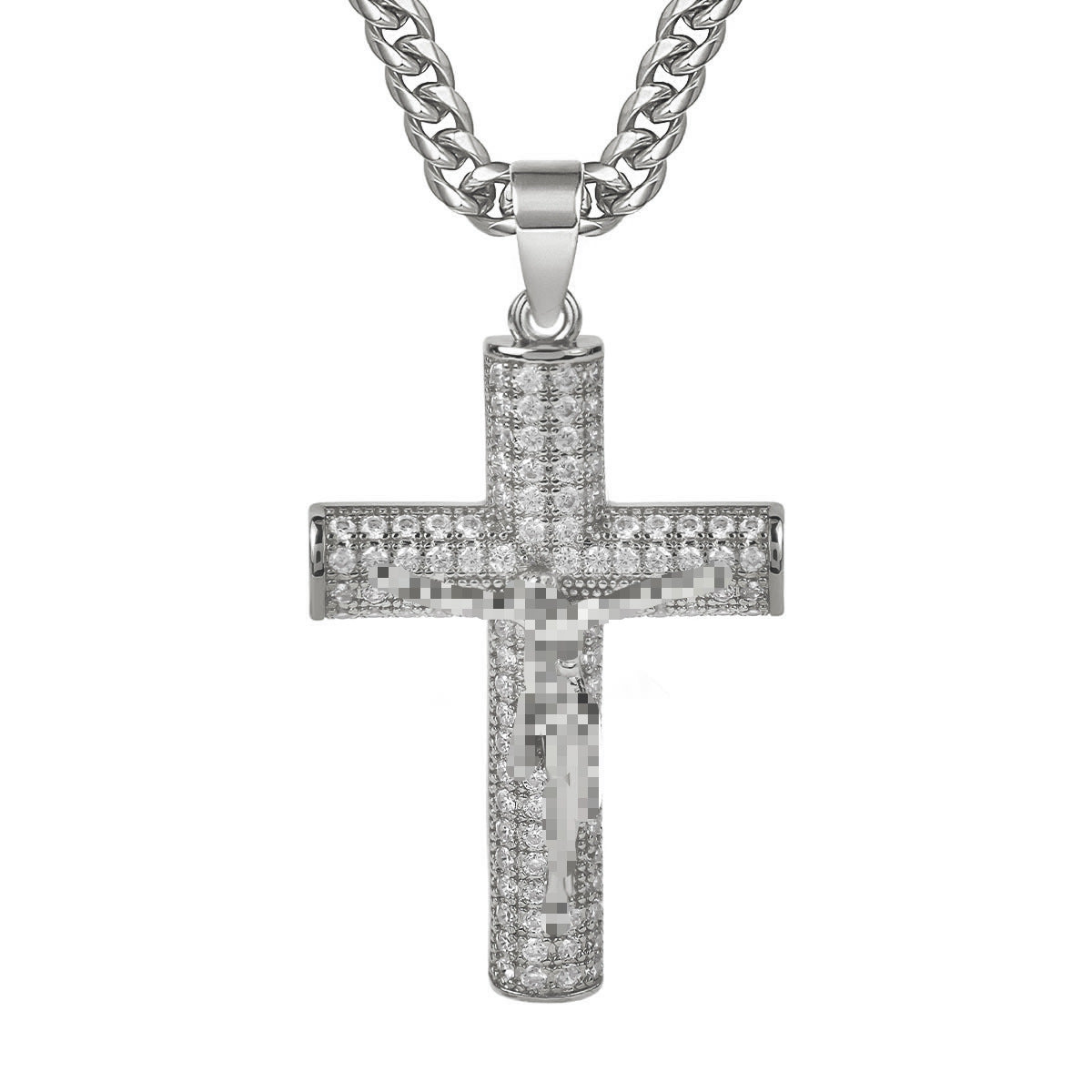 Hip-Hop Copper Cross Pendant With Zircon Inlay On Cuban Link Chain Curb Chain