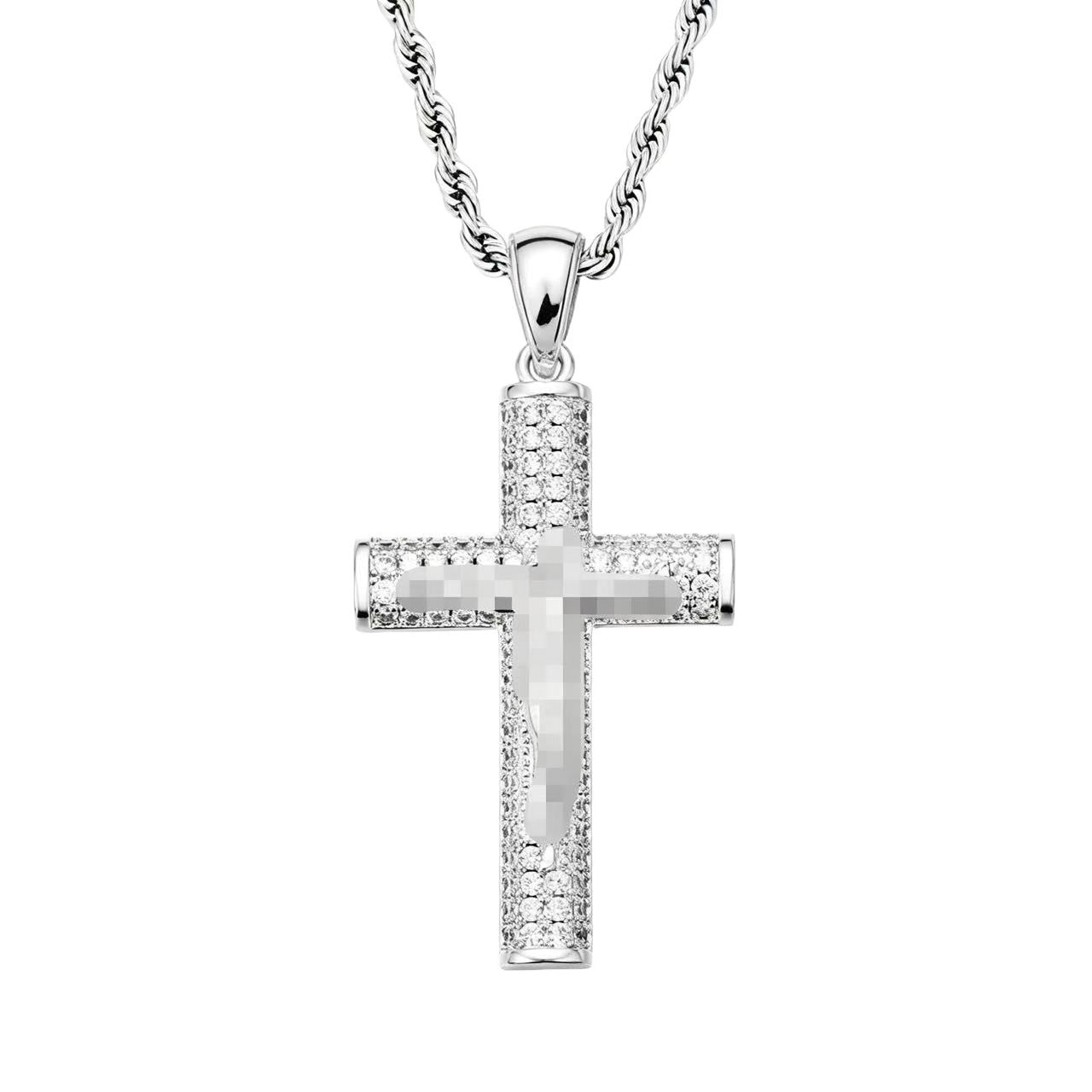 Hip-Hop Copper Cross Pendant With Zircon Inlay On Cuban Link Chain Curb Chain