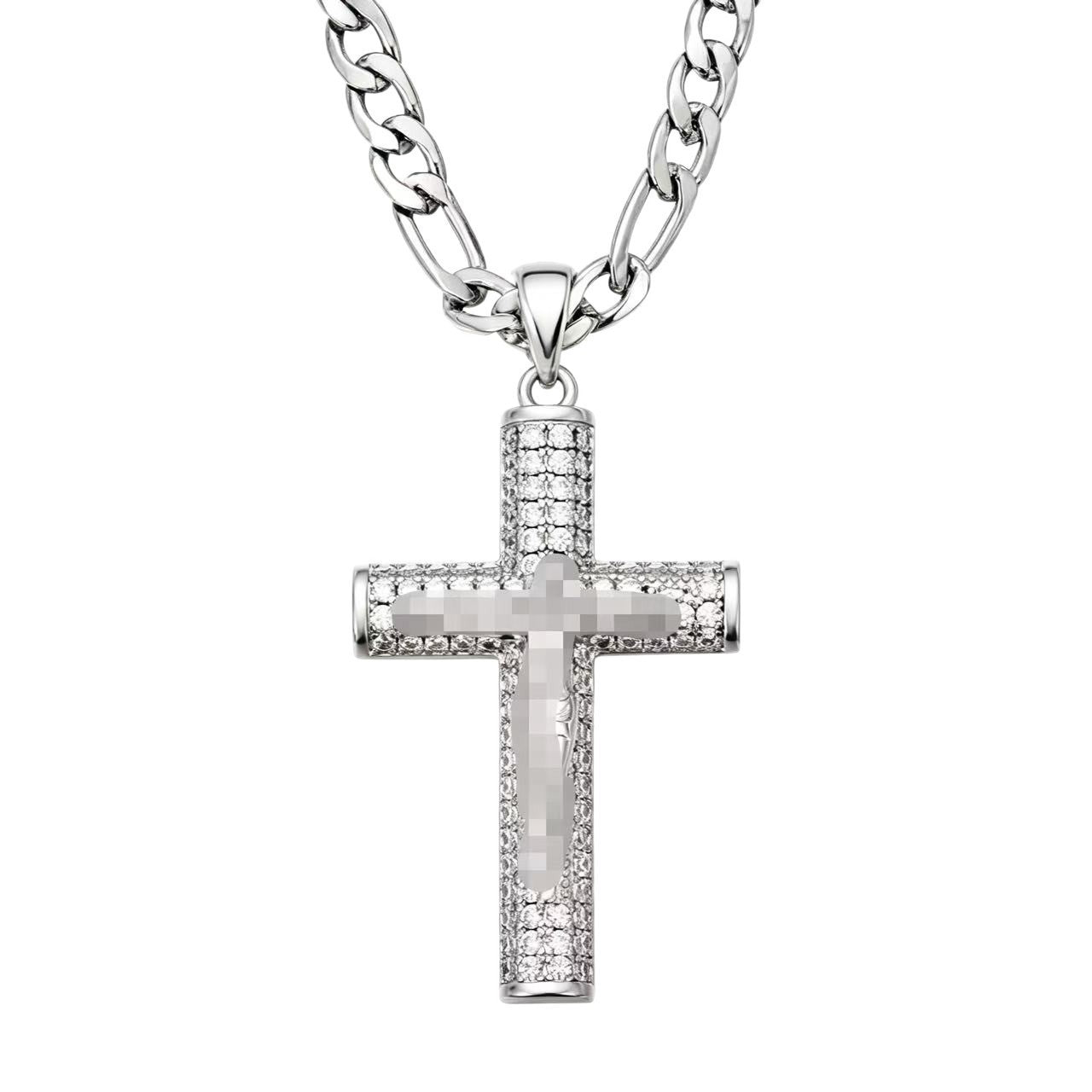 Hip-Hop Copper Cross Pendant With Zircon Inlay On Cuban Link Chain Curb Chain
