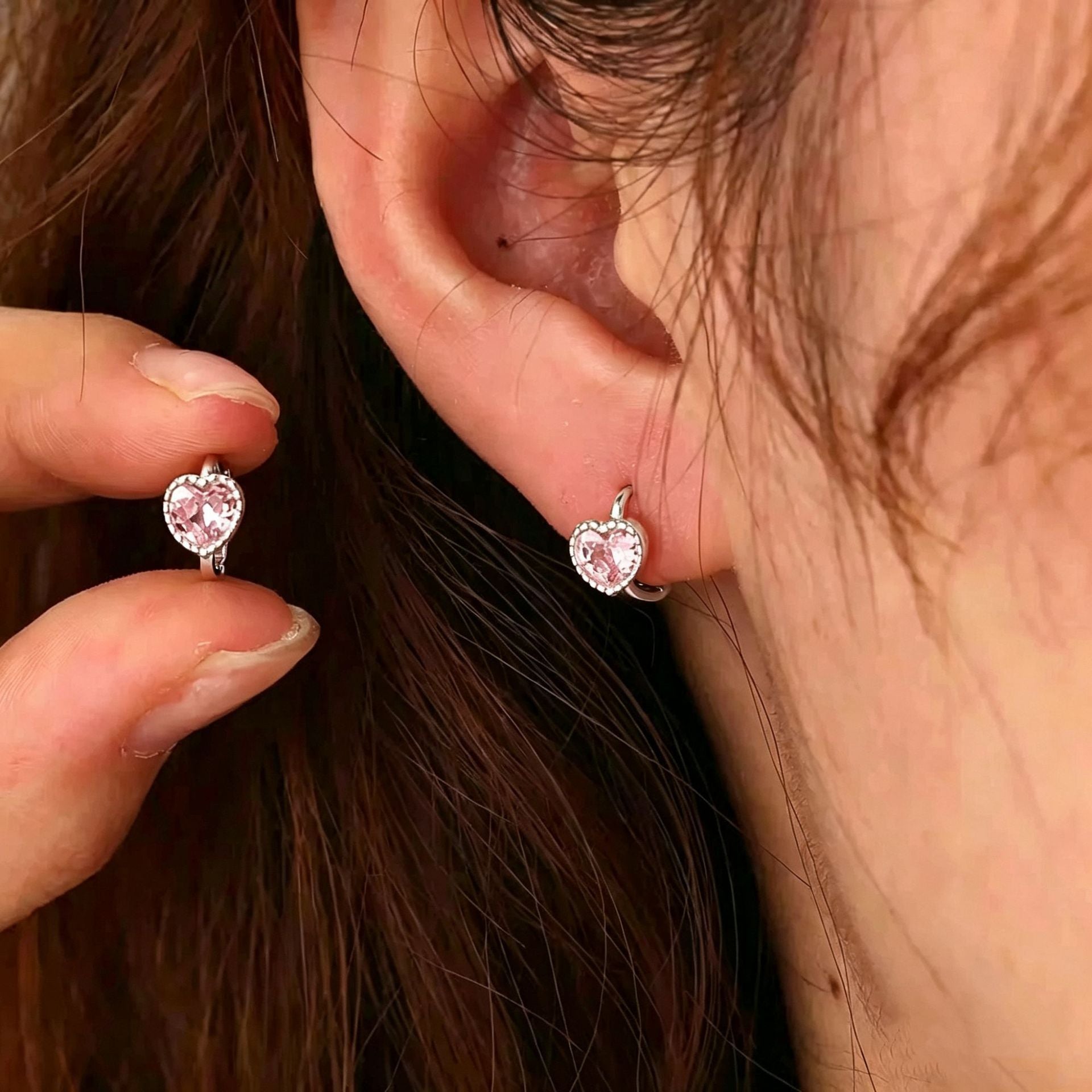 Heart Shape Stud Earrings For Women In Sweet Style, 925 Sterling Silver With Electroplated Gold Plating And Rhinestone Inlay