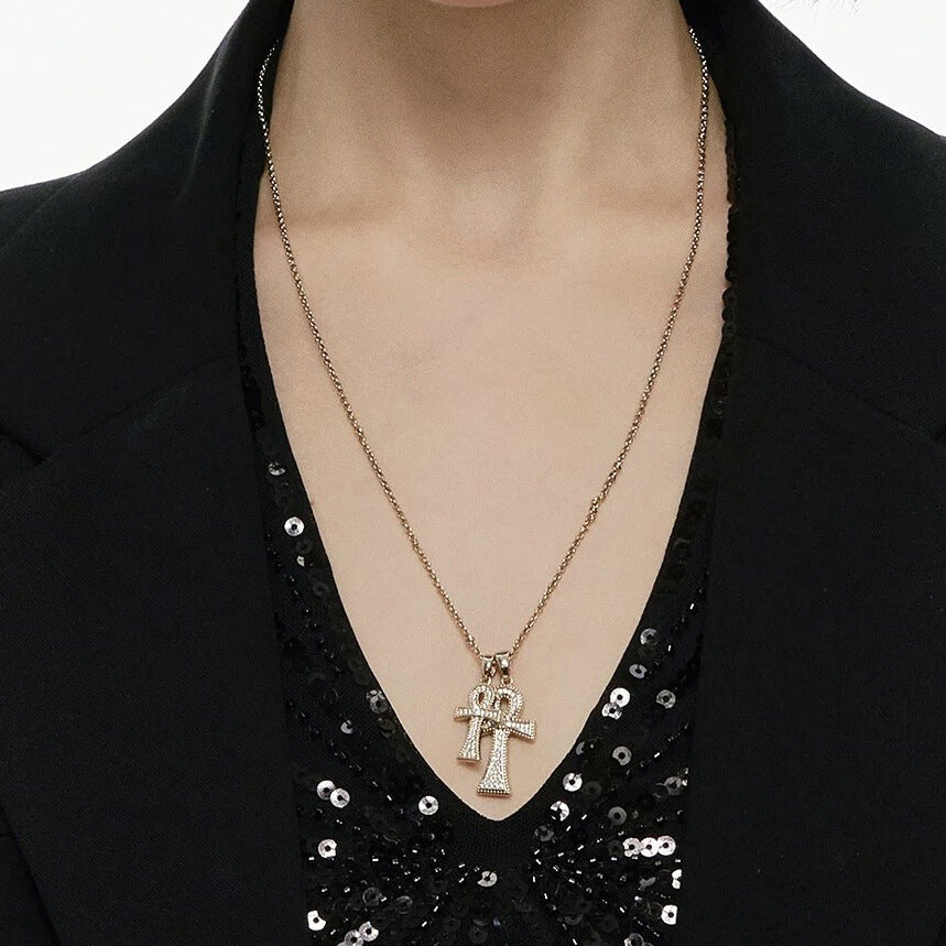 Electroplated Copper Cross Pendant Necklace For Women With Zircon Inlay On Cable Chain