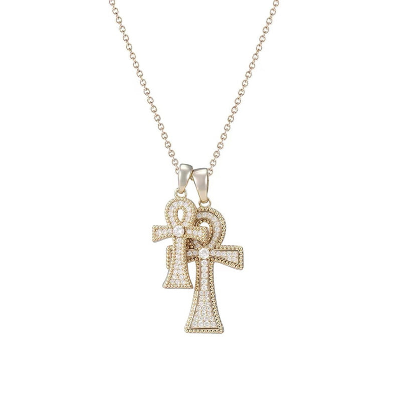 Electroplated Copper Cross Pendant Necklace For Women With Zircon Inlay On Cable Chain