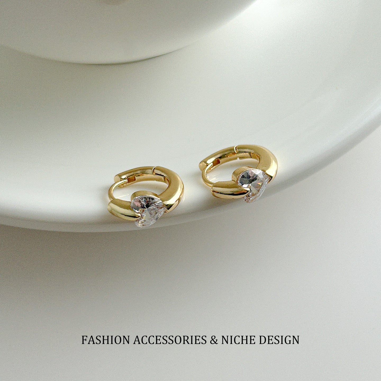 Heart Shape Stud Earrings For Women In Copper With Electroplated Gold Plating And Zircon Inlay