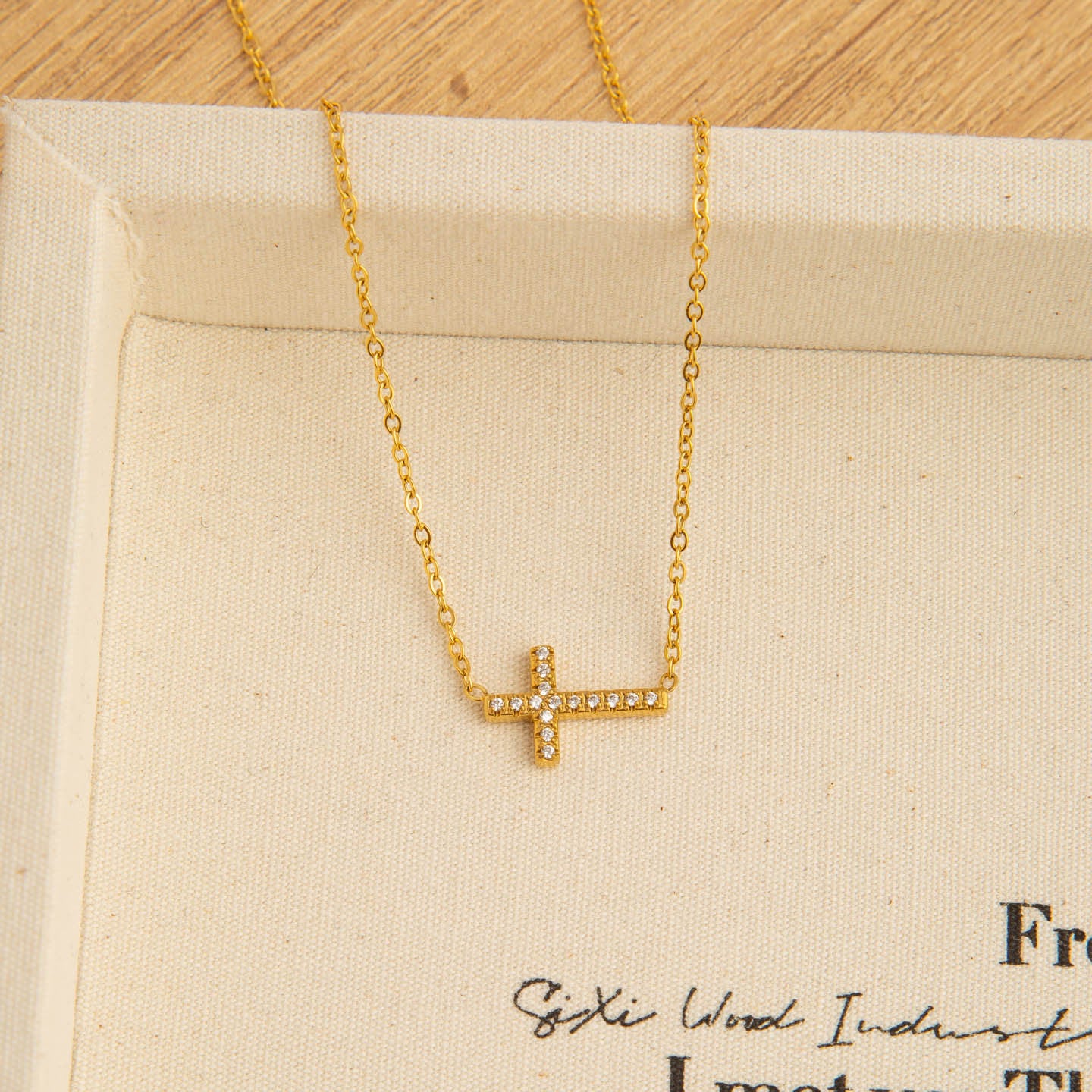 Gold Cross Pendant Necklace For Women In Electroplated Titanium Steel With Rhinestone Inlay