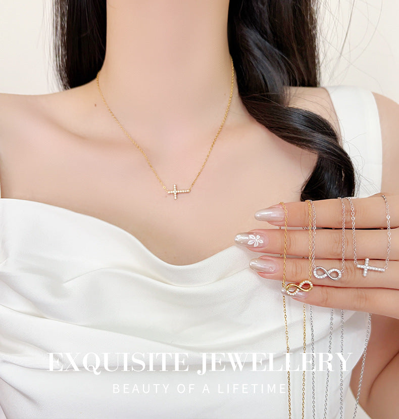 Gold Cross Pendant Necklace For Women In Electroplated Titanium Steel With Rhinestone Inlay