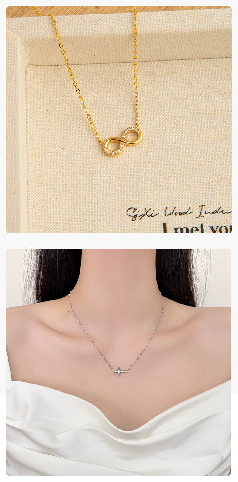Gold Cross Pendant Necklace For Women In Electroplated Titanium Steel With Rhinestone Inlay