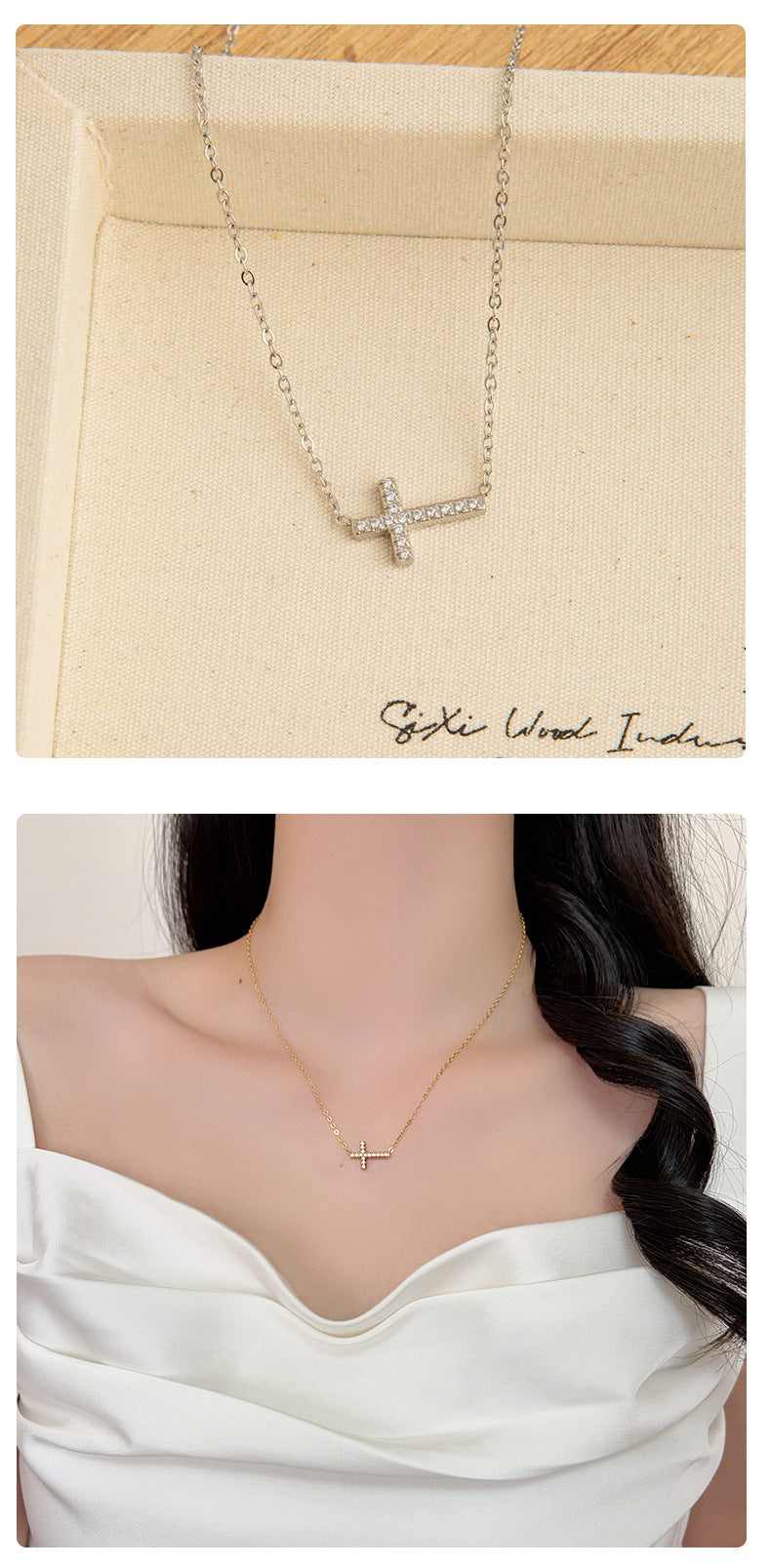 Gold Cross Pendant Necklace For Women In Electroplated Titanium Steel With Rhinestone Inlay