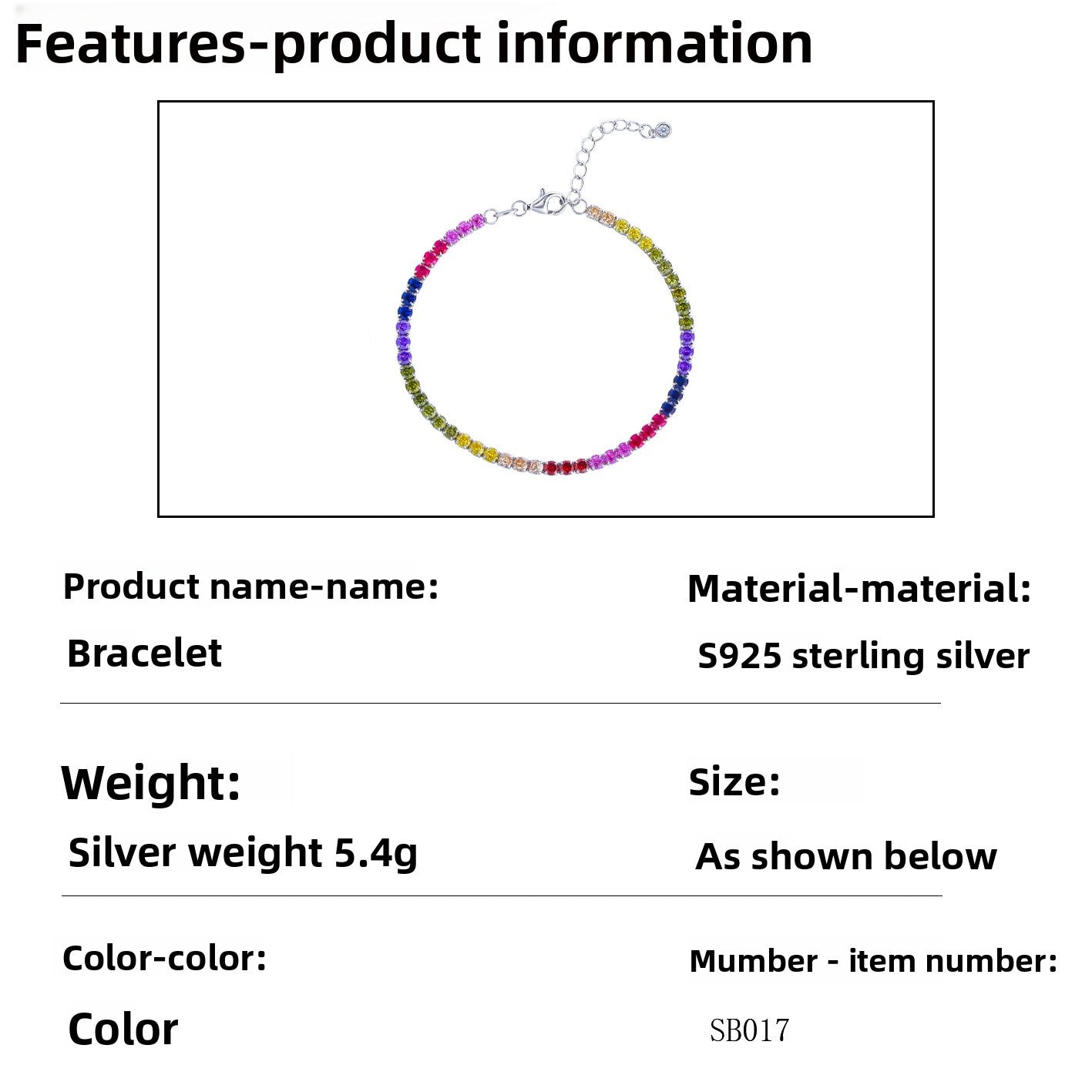 Geometric 925 Sterling Silver Tennis Chain Bracelet For Women In Rainbow Color