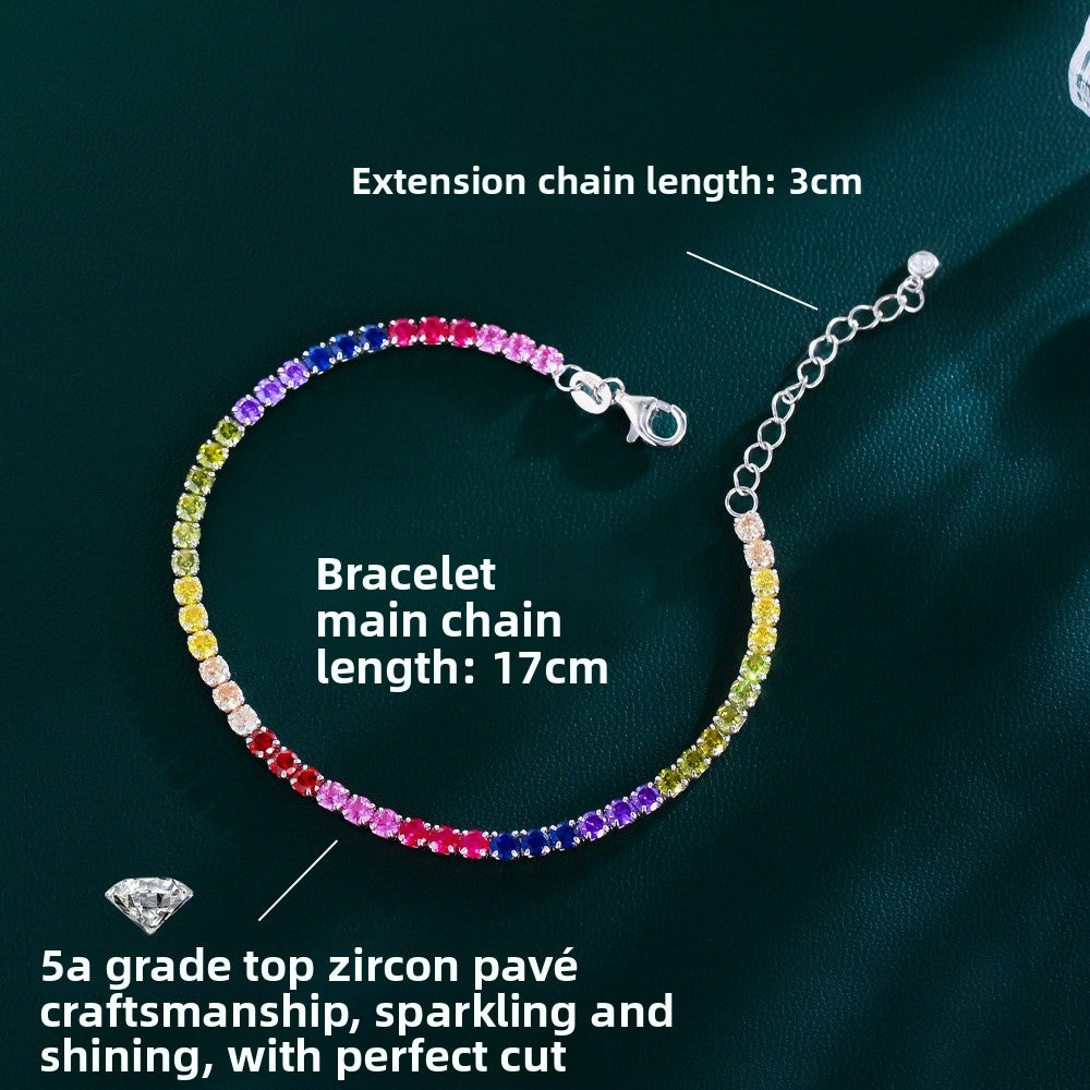 Geometric 925 Sterling Silver Tennis Chain Bracelet For Women In Rainbow Color