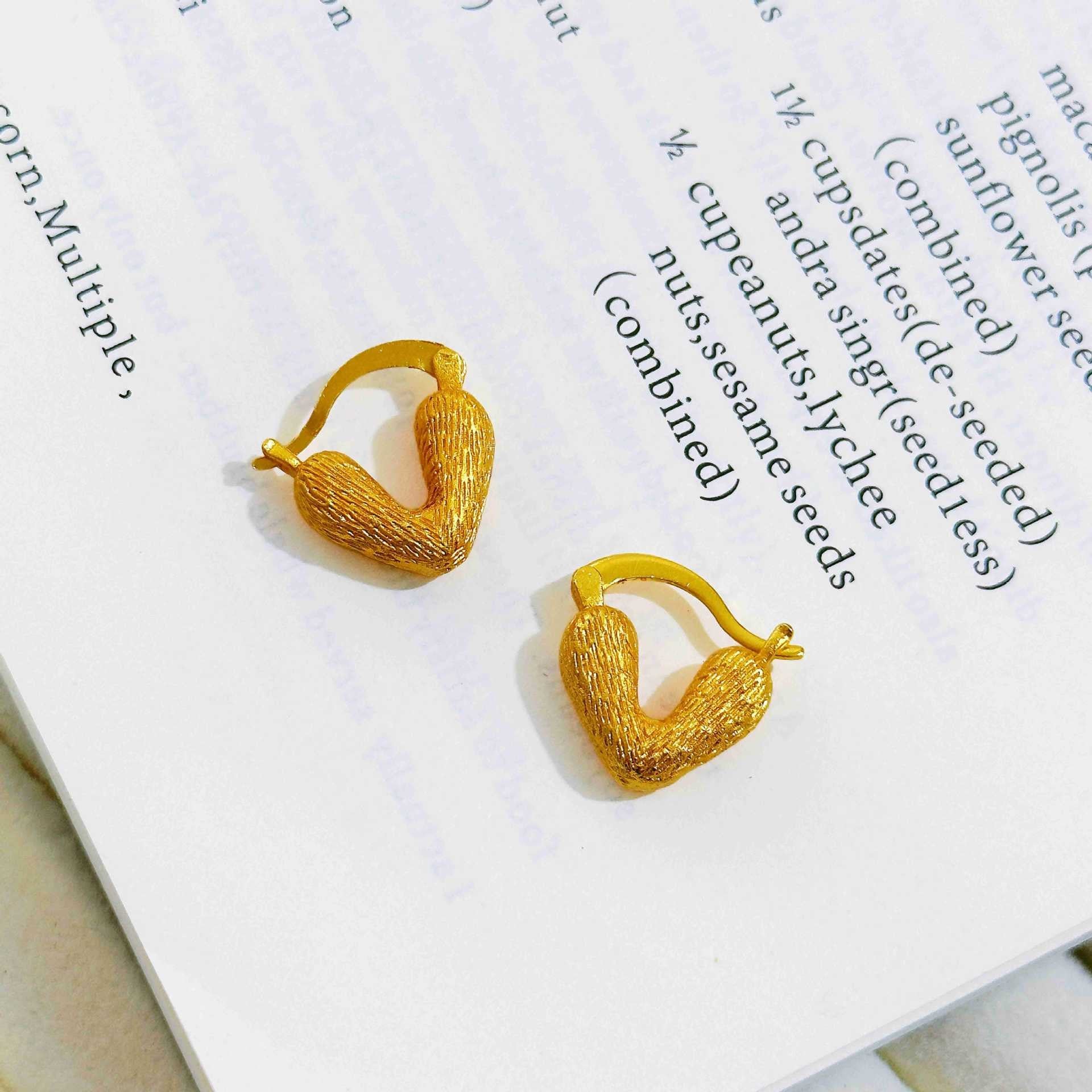 Heart Shape Brushed Gold Stud Earrings For Women In Copper Alloy With Golden Plated Finish