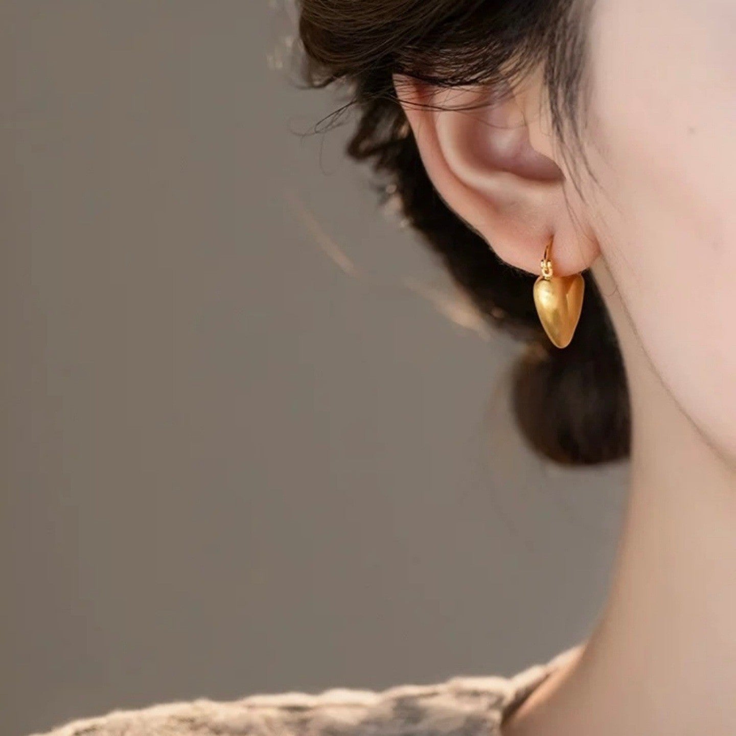 Heart Shape Brushed Gold Stud Earrings For Women In Copper Alloy With Golden Plated Finish