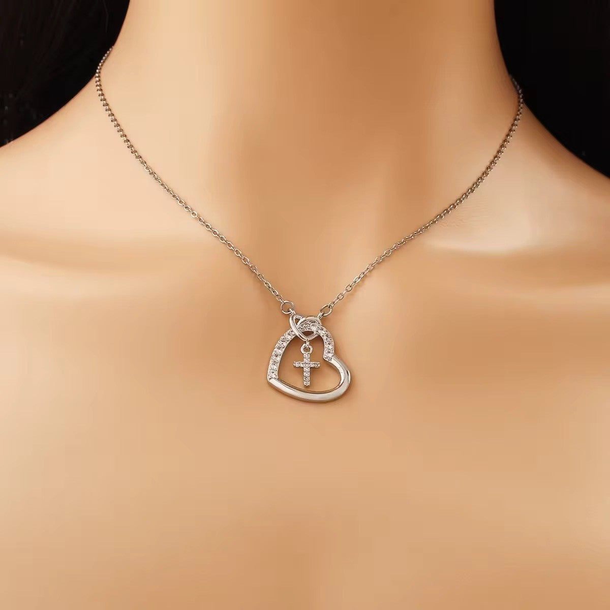 Heart Shape Waterproof Non Tarnish Gold Titanium Steel Necklace With Zircon Inlay And Cable Chain For Women